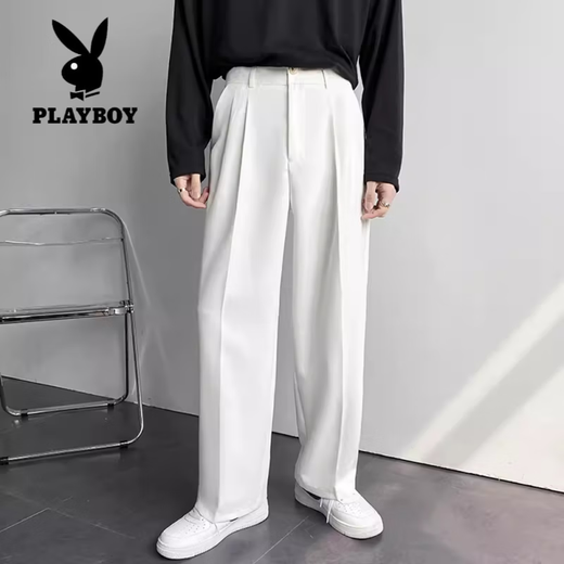 Playboy (PLAYBOY) white trousers for men in spring and autumn, handsome, loose, high street, wide-legged, drapey, casual straight suit trousers, white style 34