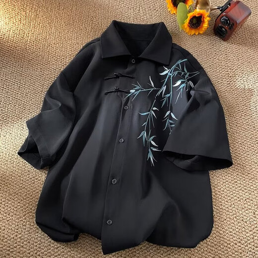 7 excellent products New Chinese style national style shirt men's summer thin ancient style casual loose shirt embroidered short sleeve GCFS-W1283 black M
