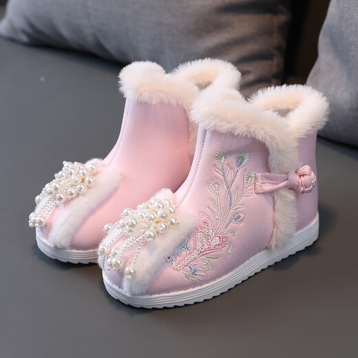 Ruiyang Winterschuhe, Kinder-Hanfu-Schuhe, Samt-Baumwollschuhe, bestickte Mädchenschuhe im Ethno-Stil, Neujahrsschuhe im antiken Stil, kurze Babystiefel, A5213 rosa, Größe 31/Innenlänge 19,0 cm