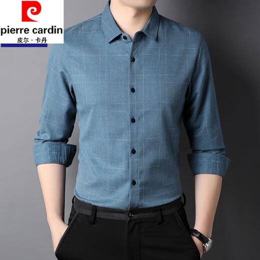 Pierre Cardin pure cotton long-sleeved shirt for men spring and autumn new style middle-aged business casual no-iron anti-wrinkle plaid shirt for dad 2281 gray spring and summer 175/XL recommended 135-150Jin Jin equals 0.5 kg