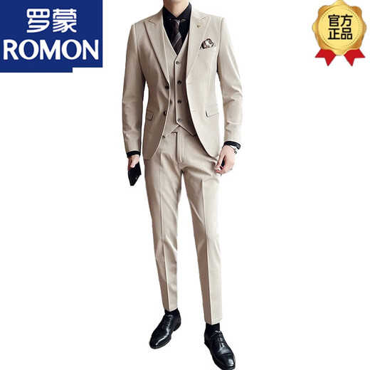 ROMON suit men's slim-fitting British style groom's suit suit men's Korean style trendy wedding dress casual formal wear off-white (suit + pants + vest + shirt) collar M