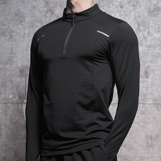 Lutielang Long Sleeve T-Shirt Cycling Suit Men's Running Sports Fitness Training Stand Collar Half-Zip Coach Quick-Drying Clothing Black L