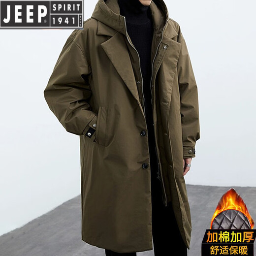 JEEP SPIRIT2025 autumn and winter velvet men's Korean style coat men's fake two-piece hooded mid-length windbreaker jacket men's jacket military green cotton thickened 2XL 155-160Jin Jin equals 0.5 kg