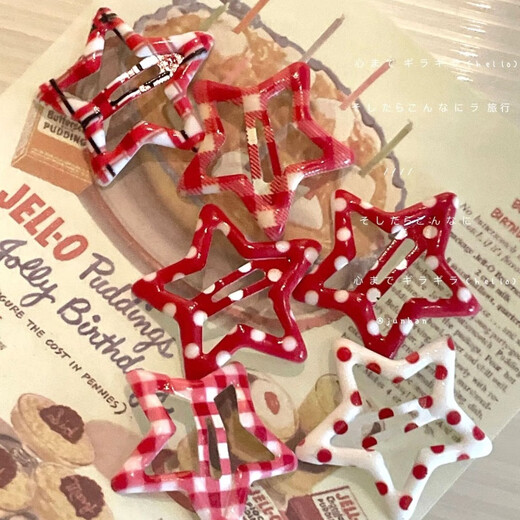 Ziggy Rabbit Strawberry Frappuccino Dopamine Star Hair Clip Women's Plaid Cute Side Bangs Broken Hair Clip Headdress White Background Red Plaid Plus Black 3 Pieces