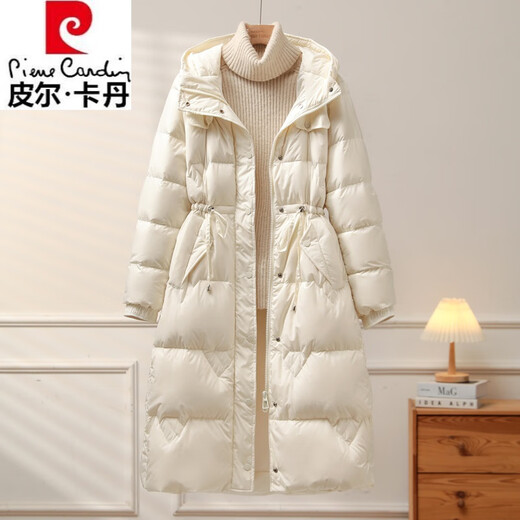Pierre Cardin 2025 Winter New Down Jacket Women's Korean Style Belted Mid-Length Long Over the Knee Hooded Waist White Duck Down Warmth Beige S Recommended 80-125 Jin Jin equals 0.5 kg