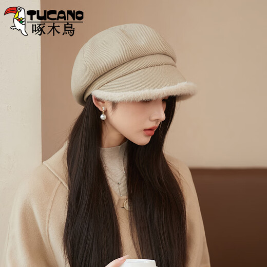 Woodpecker beret for women in autumn and winter, big head circumference, small velvet to keep warm, Japanese style duck cap, plain plush bucket hat, beige, one size fits all (hat circumference 54-60cm)