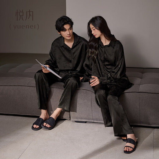 Yuenei couple pajamas for women spring and summer ice silk long-sleeved home clothes for men spring and autumn black high-end suit 32014 ink dyed black men's L (male 110-140 Jin Jin equals 0.5 kg / female 110-120 Jin Jin equals 0.5 kg)