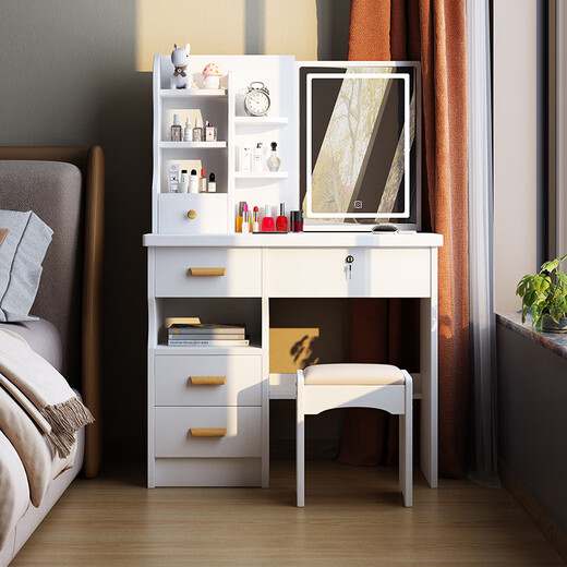 Zhongen dressing table hidden mirror push-pull bedroom modern minimalist dressing table desk integrated internet celebrity ins style with lock warm white left cabinet without light hidden mirror gift stool assembly x video to install by yourself