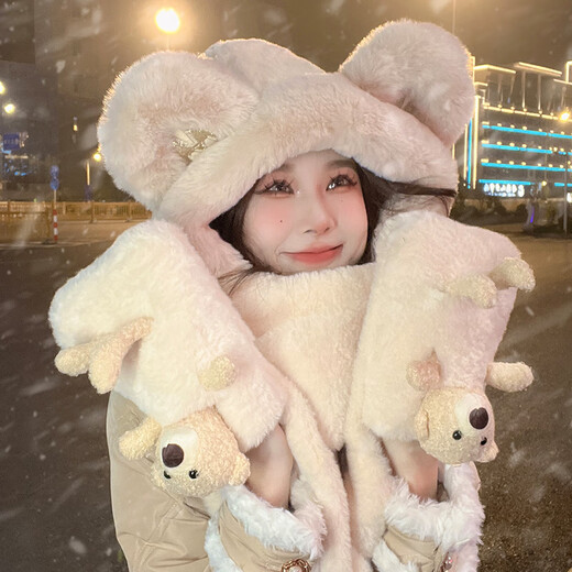 Caikaying autumn and winter bear hat and scarf all-in-one women's winter warm plush gloves three-piece set cute hooded ear protection Longbao three-piece set beige