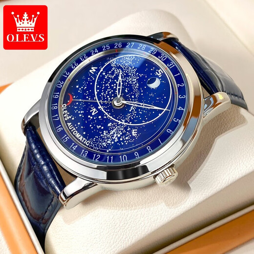 Oleis levs Schweizer zertifizierte Brand Watch Herren Mechanical Watch Luminous Waterfof Star-Serie Herren Uhren High-End-Herren-Uhr Olevs-9923-Natural Starry Sky Blue Surface