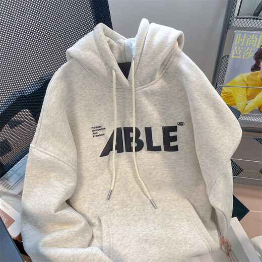 Nasawassup American retro casual hooded sweatshirt for men and women in autumn and winter loose oversize couple versatile coat light gray 6197 winter plus velvet L recommended 110-130Jin Jin equals 0.5 kg