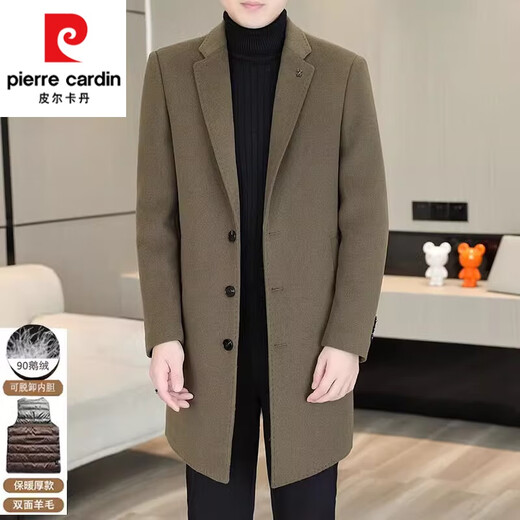 Pierre Cardin goose down lining wool double-sided woolen coat men's thickened woolen coat men's autumn and winter mid-length cashmere windbreaker khaki MN5582 suit collar wool double-sided woolen coat 3XL (155-165Jin Jin equals 0.5kg)