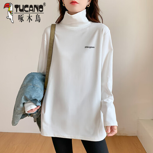 Woodpecker German velvet turtleneck bottoming shirt for women with thickened warm loose large size mid-length top fashionable long-sleeved T-shirt trendy AD0189 white M 95-115Jin Jin is equal to 0.5 kg