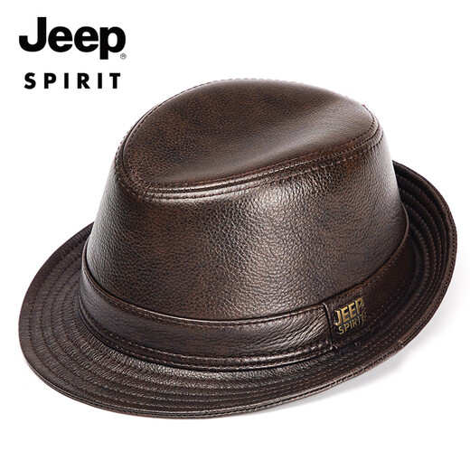 JEEP SPIRIT genuine leather top hat men's retro casual British jazz hat middle-aged and elderly father's hat cowhide beach hat old man hat dark brown medium size XL (57-58cm) adjustable