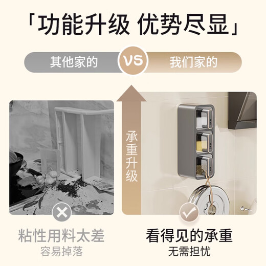 Mouth seasoning box kitchen home wall-mounted salt shaker and seasoning jar combination set multi-grid one-piece sealed seasoning storage box gun gray gold three-grid with spoon + label