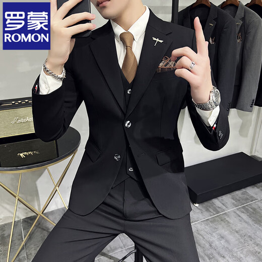 ROMON high-end commuter large size suit men's business casual suit Korean version slim suit wedding groom three-piece suit medium gray suit + trousers XL 120-132Jin Jin equals 0.5 kg