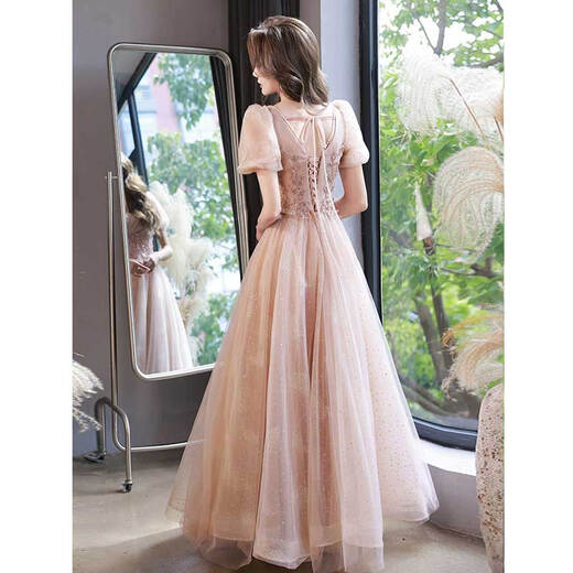 Seidler French evening dress 2025 new style light luxury niche high-end banquet host bel canto solo singer female light nude pink long XXL (recommended 126-135 Jin Jin equals 0.5 kg)