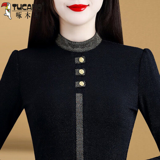 Woodpecker 2025 new model stand-up collar bottoming shirt long-sleeved women's warm temperament inner with velvet thickened western style top fashionable and versatile black boutique ready stock plus velvet 4XL 140-155Jin Jin is equal to 0.5 kg