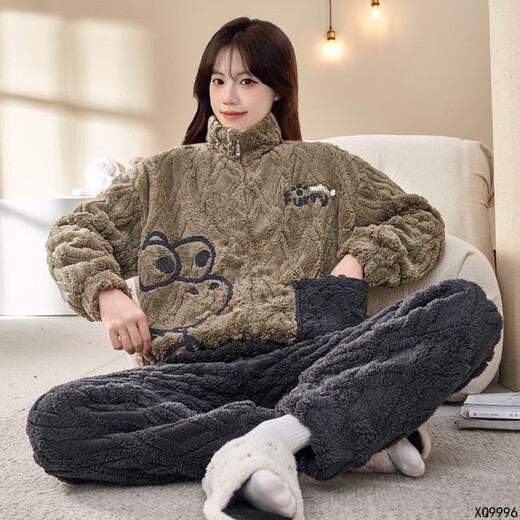 Fermaibo winter coral velvet large size pajamas for women long sleeve flannel zipper plus fat plus size fat mm200Jin [Jin equals 0.5 kg] Home clothing 9928 insert horizontal bear chain velvet 3XL larger version 185-205Jin [Jin equals 0.5 kg]