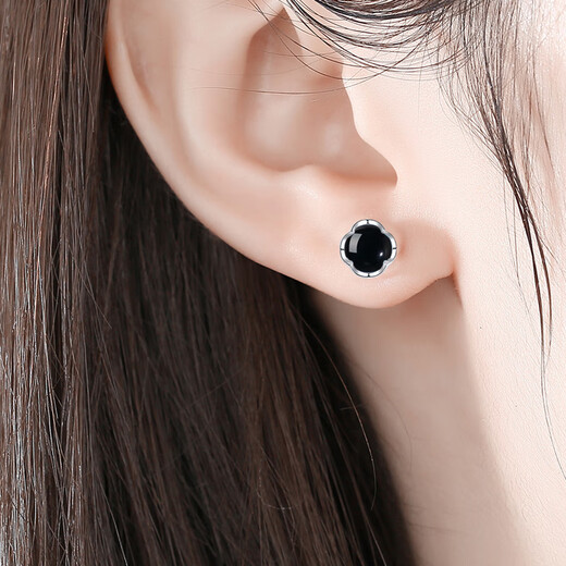 Timebetter black onyx earrings for women 925 silver black retro round earrings niche design light luxury four-leaf clover gift box black onyx silver earrings four-leaf clover style 925 silver material