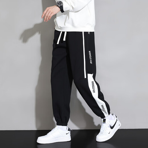 Foss Phil black casual pants for men in autumn and winter loose and trendy large size versatile sports long guard legged pants for men YKYP-A05 black and white 5XL recommended 200-220Jin Jin is equal to 0.5 kg
