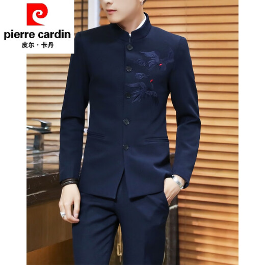 Pierre Cardin Chinese style suit stand collar Chinese tunic suit ancient style Hanfu men Korean version slim Tang suit Chinese dress suit 618 black suit + pants + vest + shirt XL (123~138Jin Jin equals 0.5 kg)