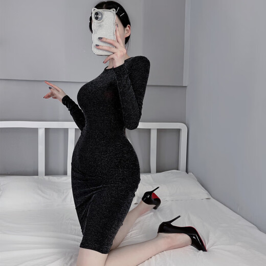 
YESEXING nightclub bent over transparent skirt women's skirt French bright silk slim dress hip-wrapped long sleeves XL
