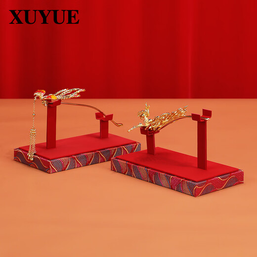 Puli jewelry red phoenix hairpin display props jewelry gold hairpin and silver hairpin display stand gold dragon and phoenix hairpin jewelry stand 31-red velvet leather dragon pattern bottom phoenix fork display stand H1