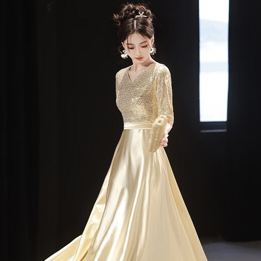 Li Baixin champagne color choir dress performance evening dress female host adult conductor uniform stage competition performance clothing champagne color L recommended 100-110Jin Jin equals 0.5 kg