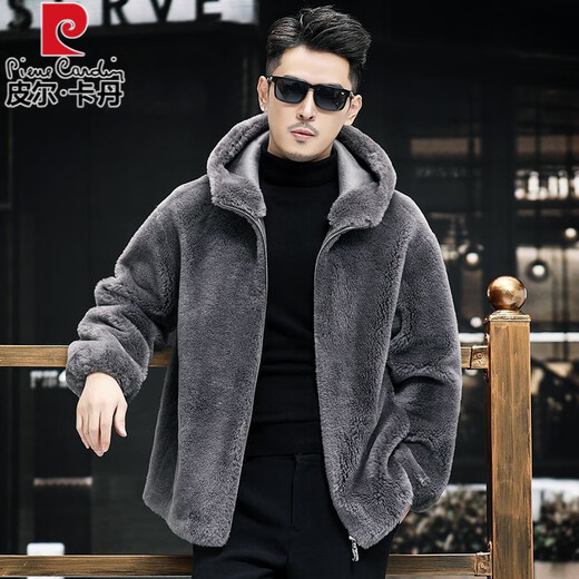 Pierre Cardin 100% Genuine Wool Sheep Shear Coat Men's Fur One-piece Lamb Fur Coat Hooded Men's Thick Winter Jacket Dark Gray L 100 to 125 Jin Jin equals 0.5 kg Wear