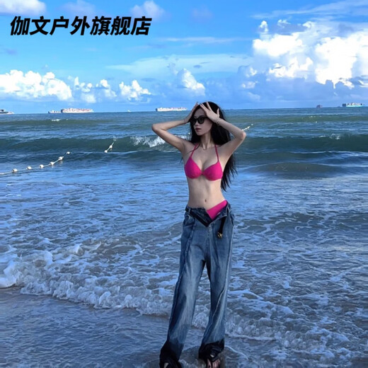 Yuchuang picks up the light European and American style sexy swimsuit for women beach vacation ins bikini pink big and small breast push-up three-point hot spring red (no steel breast pad) M