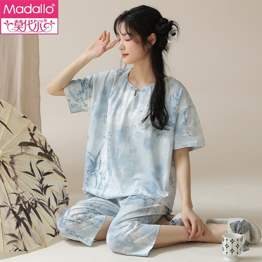 莫代尔夏季新中式国风短袖睡衣套装女士棉家居服七分裤夏天薄款可外穿 LZY9902 M (建议75-95斤)