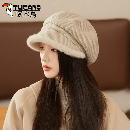 Woodpecker beret for women in autumn and winter, big head circumference, small velvet to keep warm, Japanese style duck cap, plain plush bucket hat, beige, one size fits all (hat circumference 54-60cm)