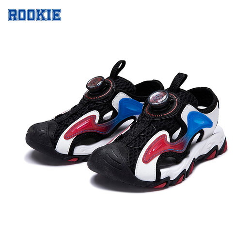 ROOKIE children's shoes for boys and girls, toe-toe anti-collision sandals, summer new outdoor breathable twist-buckle children's sports sandals, black/white 28, recommended foot length 17.5cm