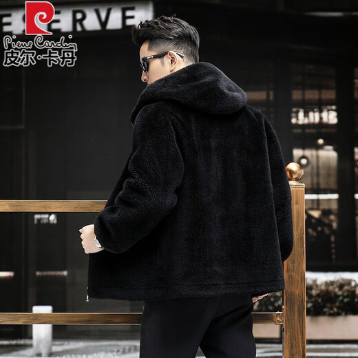 Pierre Cardin 100% Genuine Wool Sheep Shear Coat Men's Fur One-piece Lamb Fur Coat Hooded Men's Thick Winter Jacket Dark Gray L 100 to 125 Jin Jin equals 0.5 kg Wear