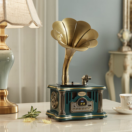 Otieno Antique Vinyl Phonograph Decoration Mini Charging Bluetooth Speaker Retro Birthday Gift Home Ornament Ivory White Plug-in Rechargeable Free Music USB Disk