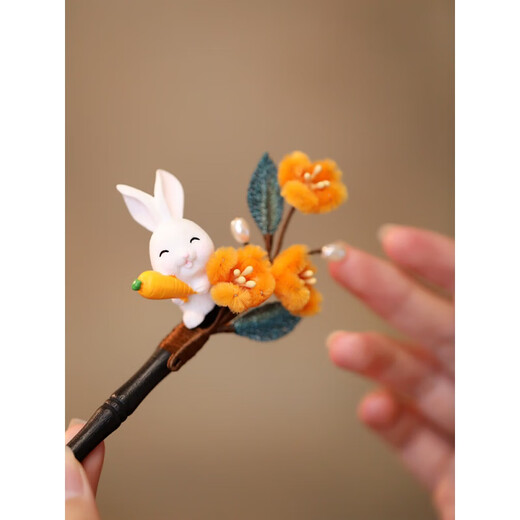 Shijun (SHIJUN) velvet flower hairpin, ancient style, cute, retro, osmanthus rabbit, imitation super fairy temperament, Hanfu accessories, hairpin, women's headwear, hairpin
