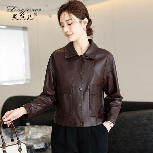 Lingfaner Haining genuine leather small leather jacket for women 2024 new spring and autumn casual first layer sheepskin jacket short style red coffee color 3XL