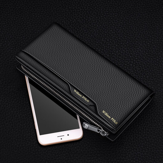 Williampolo Paul Wallet Echtes Leder -Männer Langes Top Cowide Großkapazität Bankkarte Vatertagsgeschenk für Papa Black Litschee Muster