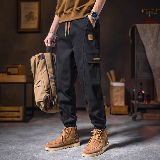 nasawassup潮牌美式复古工装裤男春秋新款宽松束脚裤子男哈伦运动休闲长裤 黑色749-SDP 常规 2XL 【建议130-150斤】