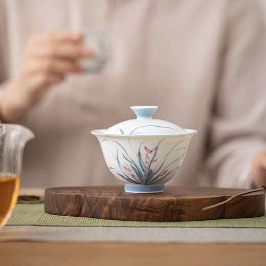 Su's Ceramics Hand-painted Mutton Fat Jade Porcelain Orchid Ercai Tea Bowl Works by Intangible Cultural Heritage Teacher Su Aizhen
