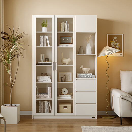Quanyou Home Nordic style bookcase with door, living room hand-made display cabinet, balcony floor-standing wall storage glass cabinet