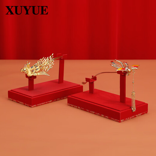 Puli jewelry red phoenix hairpin display props jewelry gold hairpin and silver hairpin display stand gold dragon and phoenix hairpin jewelry stand 31-red velvet leather dragon pattern bottom phoenix fork display stand H1