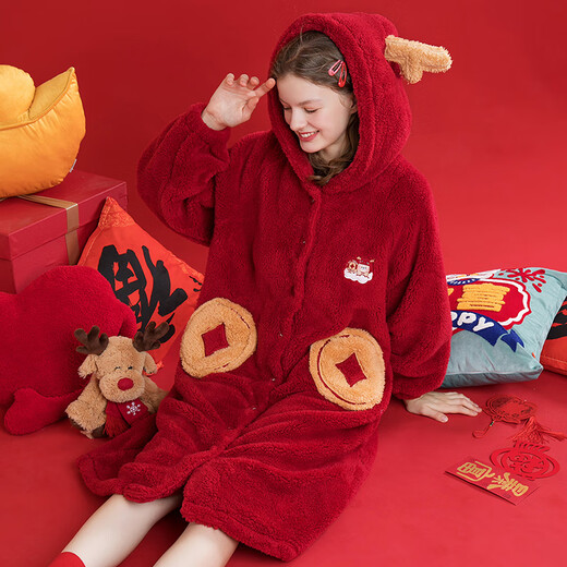 Fen Teng Couple Pajamas Zodiac Year of the Snake Coral Velvet Hooded Embroidered Long Sleeve Nanfu Puff Home Clothes Couple Pajamas Big Red-Women's L