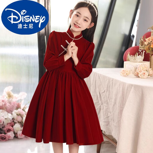 Disney girls princess dress new velvet autumn and winter children's red cheongsam style dress New Year skirt dress red velvet style velvet lining 120