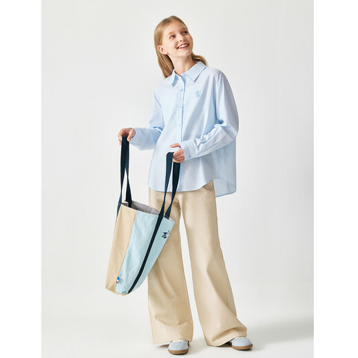 ELLE KIDS old money style 25 spring and autumn girls classic embroidered striped top lapel long-sleeved shirt blue and white stripes