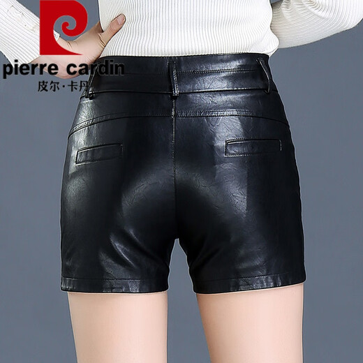 Pierre Cardin leather shorts for women spring new 2024 bottoming PU leather pants high waist slim fit loose slim autumn and winter outer boots black 31/2XL