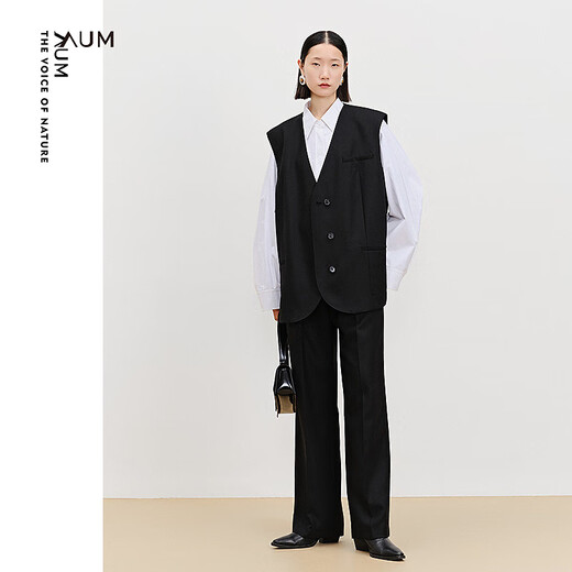 AUM (AUM) easy suit AUM 2025 spring new wool suit vest top black wide-leg pants black wide-leg trousers S