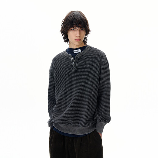 Oiro's shop American retro washed distressed long-sleeved sweater for men trendy brand high-end Henry collar sweater couple blue M