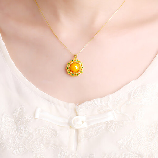 Shi Yue Jewelry Natural Amber Beeswax Pendant Necklace Single Bead S925 Silver Inlay Accessories Women's Gift